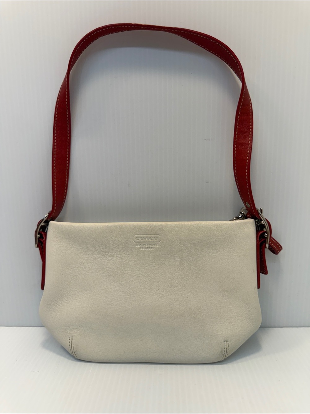 Coach Cream Leather small Shoulder Bag with Red Strap